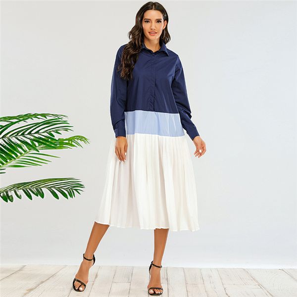 european and american style 2020 autumn new loose color matching pleated midi dress long sleeve womens clothing, White;black
european and american style 2020 autumn new loose color matching pleated midi dress long sleeve womens clothing, White;black
