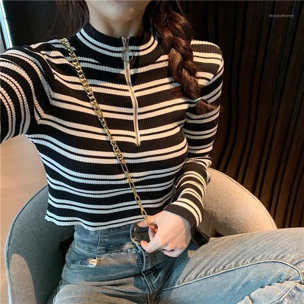 women's sweaters spring autumn women striped sweater front ring zipper cropped pullover crop girls full sleeve for female1, White;black
women's sweaters spring autumn women striped sweater front ring zipper cropped pullover crop girls full sleeve for female1, White;black