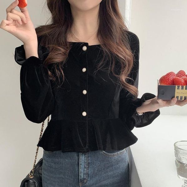 autumn 2021 vintage square collar black velvet blouse women casual single breasted flare long sleeve ruffle shirts female new1, White
autumn 2021 vintage square collar black velvet blouse women casual single breasted flare long sleeve ruffle shirts female new1, White