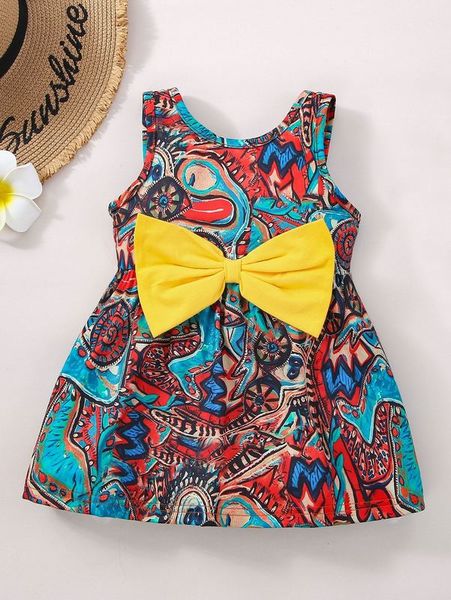 baby geo print big bow dress she, Red;yellow