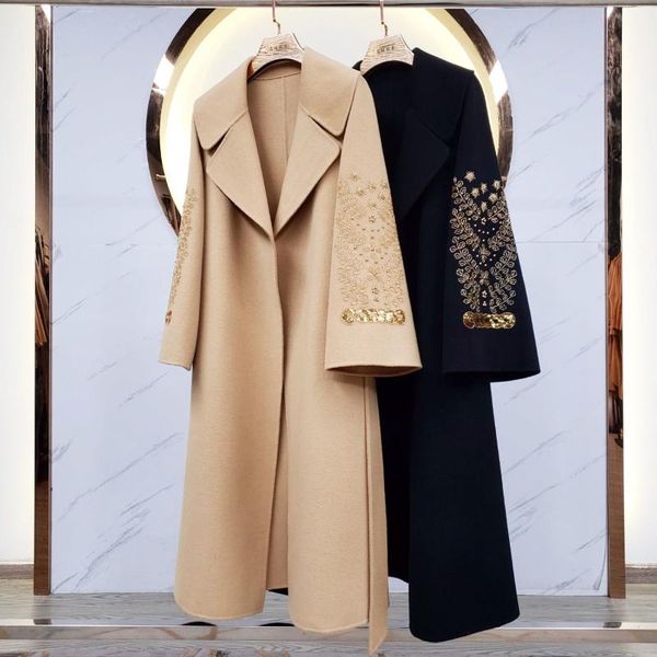 women's wool & blends autumn and winter 2021 embroidered bead design double side cashmere medium length loose woolen overcoat, Black
women's wool & blends autumn and winter 2021 embroidered bead design double side cashmere medium length loose woolen overcoat, Black