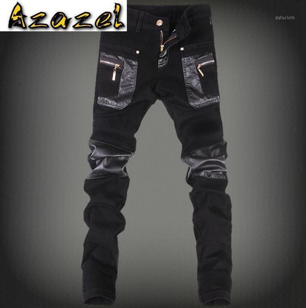 men personality leather pants korean skinny small feet pencil pants male fashion denim stitching pu slim motorcycle trousers1, Black
men personality leather pants korean skinny small feet pencil pants male fashion denim stitching pu slim motorcycle trousers1, Black