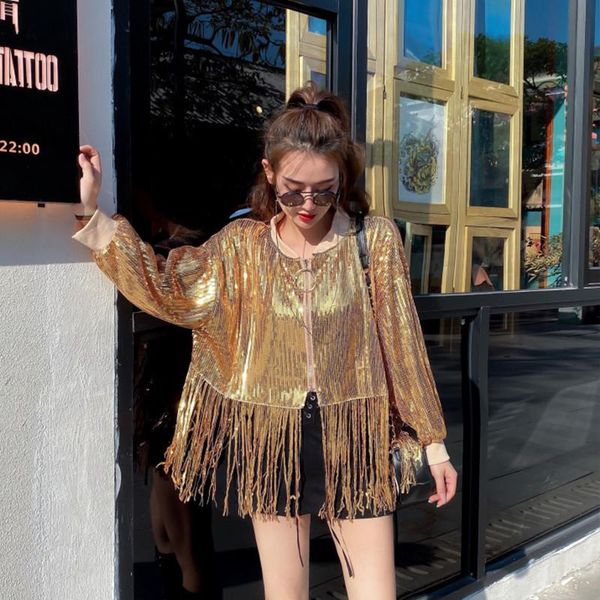women's jackets fashion sequined bomber jacket 2021 motorcycle tassel coat girl platform singer coats punk loose long sleeve runway, Black;brown
women's jackets fashion sequined bomber jacket 2021 motorcycle tassel coat girl platform singer coats punk loose long sleeve runway, Black;brown