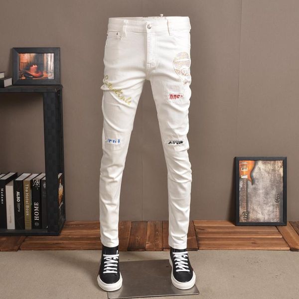 men's jeans distressed streetwear white men fashion rhinestones ripped patch stretch jean, Blue
men's jeans distressed streetwear white men fashion rhinestones ripped patch stretch jean, Blue
