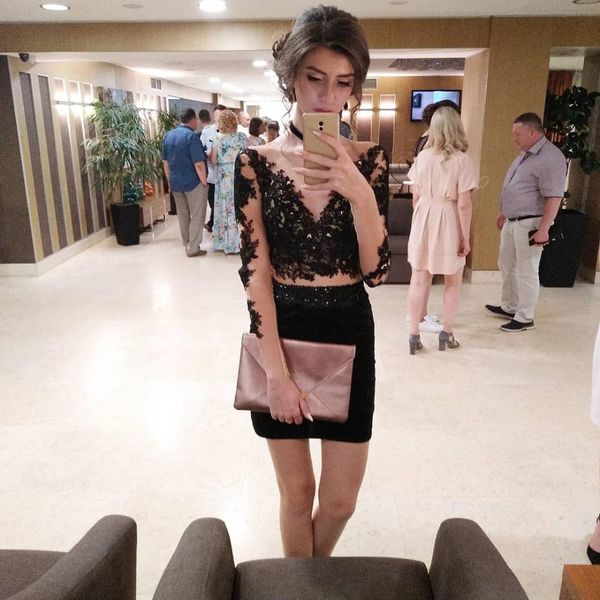 setwell deep v-neck sheath cocktail dresses long sleeves lace appliques beaded illusion short mini prom party gowns, Black
setwell deep v-neck sheath cocktail dresses long sleeves lace appliques beaded illusion short mini prom party gowns, Black