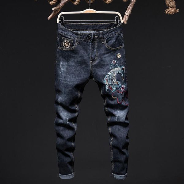 men's jeans original design european and american style small straight tube elastic embroidered carp dark blue slim pants
men's jeans original design european and american style small straight tube elastic embroidered carp dark blue slim pants