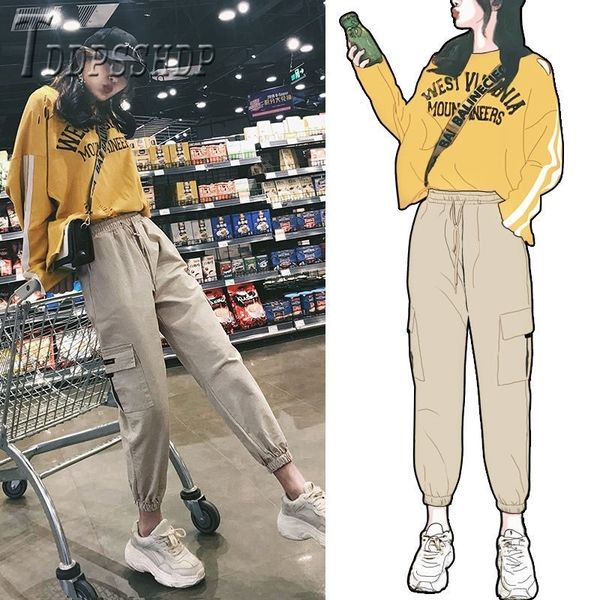 spring cargo pants ins popular slim casual elastic waist female trousers lj201130, Black;white
spring cargo pants ins popular slim casual elastic waist female trousers lj201130, Black;white