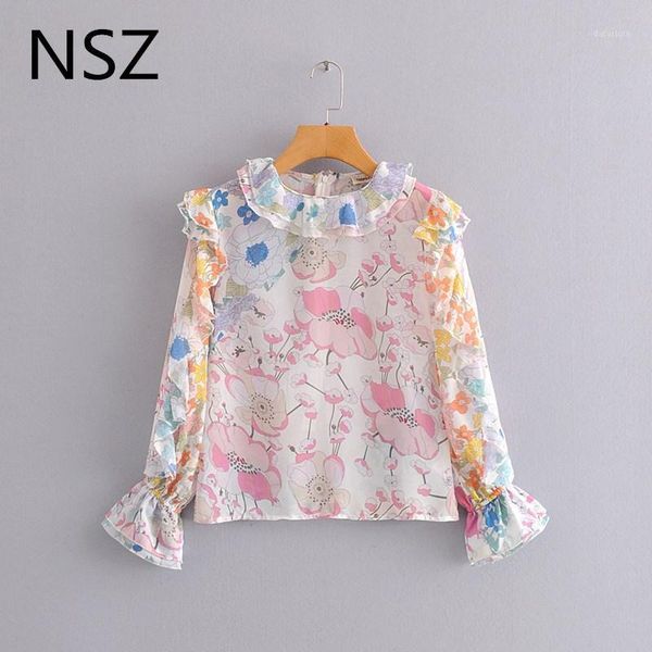 nsz women floral printed blouse laminated ruffles flare sleeve fashion chiffon shirt ladies, White 
nsz women floral printed blouse laminated ruffles flare sleeve fashion chiffon shirt ladies, White