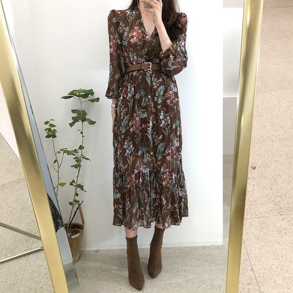 women dress spring summer korean fashion vintage floral print chiffon midi dress ladies elegant dresses with belt clothes y200101, White;black
women dress spring summer korean fashion vintage floral print chiffon midi dress ladies elegant dresses with belt clothes y200101, White;black