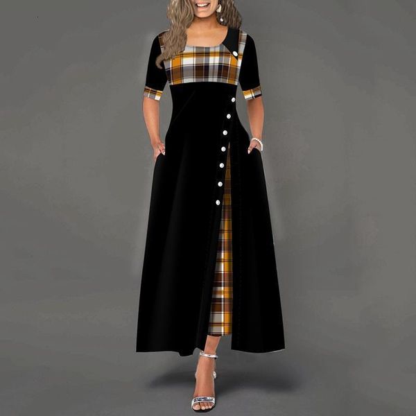 elegant long dress women's fashion half sleeve irregular plaid print button maxi dress spring summer round neck party dresses, Black;gray
elegant long dress women's fashion half sleeve irregular plaid print button maxi dress spring summer round neck party dresses, Black;gray