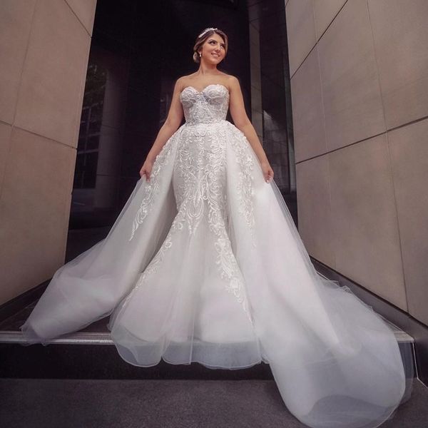 gorgeous beaded mermaid wedding dresses with detachable train sweetheart neck sequined bridal gowns plus size tulle robe de mariée, White
gorgeous beaded mermaid wedding dresses with detachable train sweetheart neck sequined bridal gowns plus size tulle robe de mariée, White