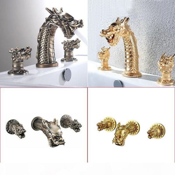gold and bronze color brass material deck and wall mounted 2 models cold & water of artisitc dragon tap
gold and bronze color brass material deck and wall mounted 2 models cold & water of artisitc dragon tap