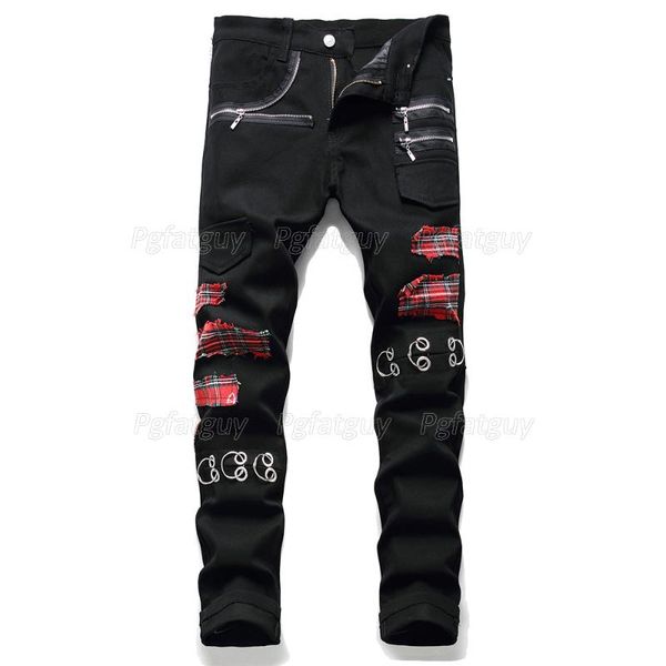 men's jeans zipper patch red scottish plaid print jeans high street slim denim pants cool fashion streetwear male rivet, Blue
men's jeans zipper patch red scottish plaid print jeans high street slim denim pants cool fashion streetwear male rivet, Blue