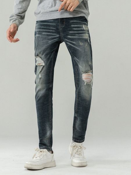 men ripped washed jeans 38wu#, Blue