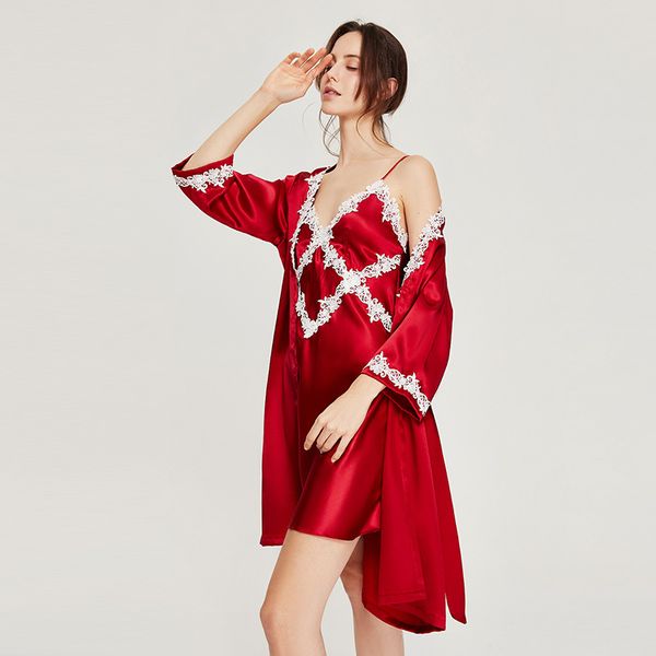 women sleepwear two-pieces long sleeves v-neck custom made satin fabric nightgown with satin mid-length womens designer pyjamas, White;pink
women sleepwear two-pieces long sleeves v-neck custom made satin fabric nightgown with satin mid-length womens designer pyjamas, White;pink