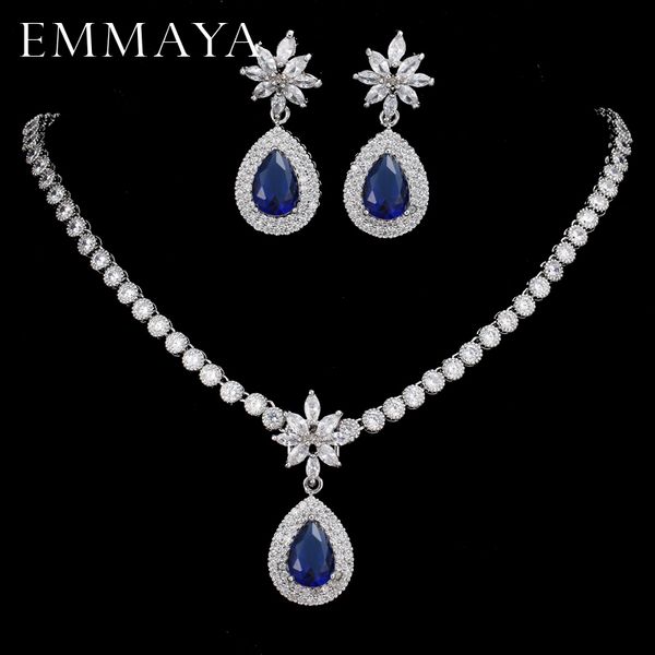 emmaya luxurious cz stones shiny bride jewelry sets blue cz necklace + earrings 201222, Slivery;crystal