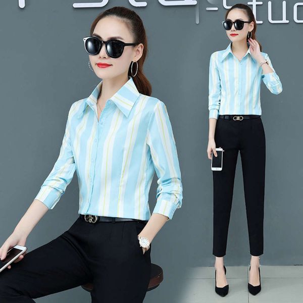 2021 spring new striped long sleeve slim chiffon women's large base shirt, White
2021 spring new striped long sleeve slim chiffon women's large base shirt, White