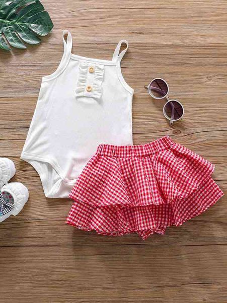 baby girl cami bodysuit & layered gingham skirt she, White