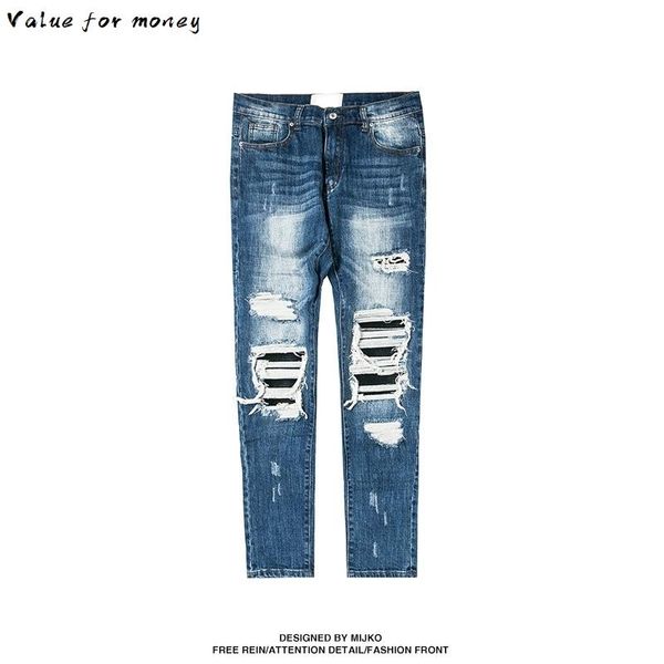 designer fashion men ripped biker jeans distressed moto denim joggers destroyed knee black leather pleated patch jeans, Blue
designer fashion men ripped biker jeans distressed moto denim joggers destroyed knee black leather pleated patch jeans, Blue