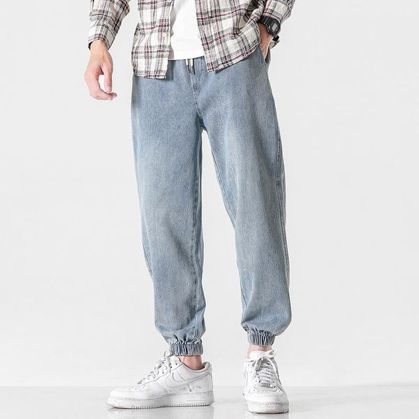 elastic band jeans men's summer trend loose summer trousers casual wild tide brand light color beam feet nine points pants1, Blue 
elastic band jeans men's summer trend loose summer trousers casual wild tide brand light color beam feet nine points pants1, Blue