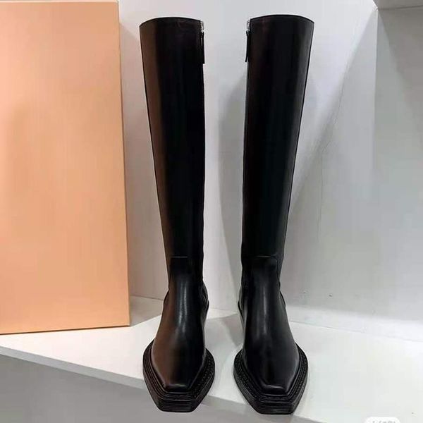 boots women's black leather knee high square toe med heels shoes b279
