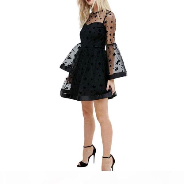 misskoko brand women black stars printed lace mini dresses o-neck flare sleeve patchwork sheer backless female vestidos, White;black
misskoko brand women black stars printed lace mini dresses o-neck flare sleeve patchwork sheer backless female vestidos, White;black