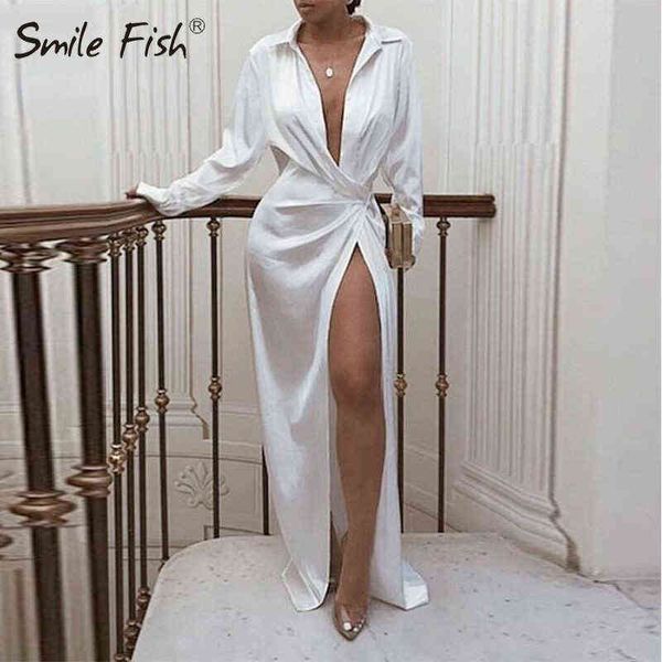 new satin silk long sleeve party dresses women night club soft dress autumn dress v-neck solid split turn down collor m0010 y220304, Black;gray 
new satin silk long sleeve party dresses women night club soft dress autumn dress v-neck solid split turn down collor m0010 y220304, Black;gray