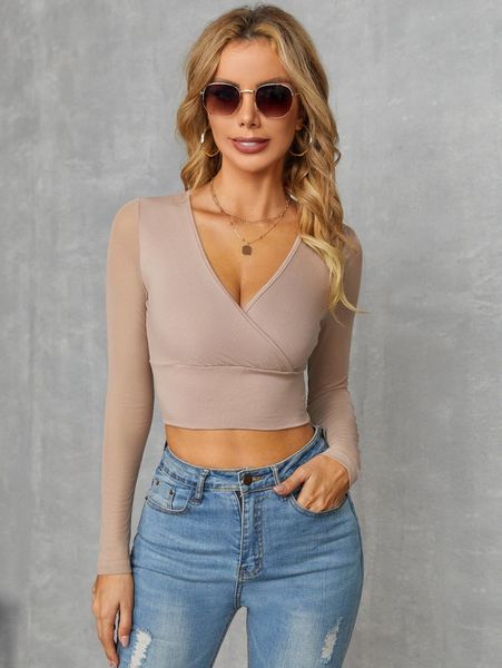 surplice neck sheer mesh sleeve o6e5#, White