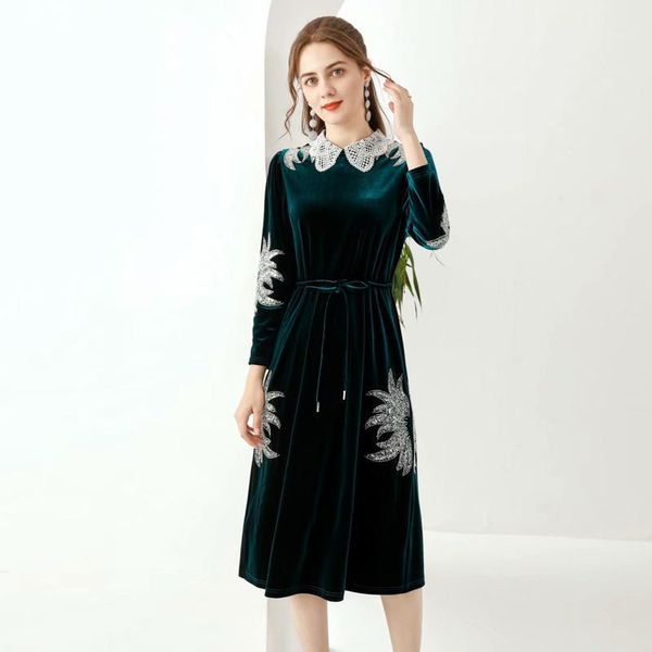fashion spring autumn new lace patchwork crystal beading belt slim velvet vintage elegant midi dress1, Black;gray
fashion spring autumn new lace patchwork crystal beading belt slim velvet vintage elegant midi dress1, Black;gray