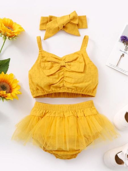 baby girl bow front cami with mesh panel shorts with headband she, White 
baby girl bow front cami with mesh panel shorts with headband she, White