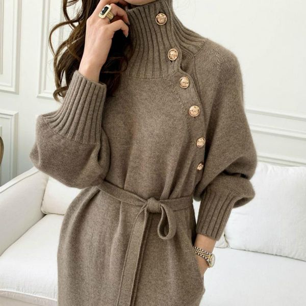 casual dresses women autumn winter elegant turtleneck long knitted sweater dress belt slanted buttons lantern sleeve pullover slim waist, Black;gray
casual dresses women autumn winter elegant turtleneck long knitted sweater dress belt slanted buttons lantern sleeve pullover slim waist, Black;gray