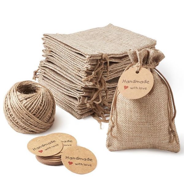 1set Burlap Packing Pouches Drawstring Bags With Jewelry Display Kraft Paper Price Tags And Hemp Cord Twine String For Sqcbqj