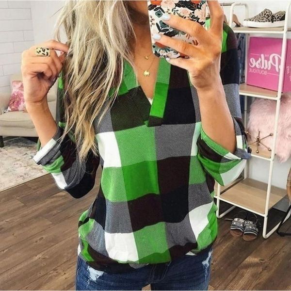 2020 women's long sleeve shirt v-neck plaid shirt print casual loose long sleeve street costume, White
2020 women's long sleeve shirt v-neck plaid shirt print casual loose long sleeve street costume, White