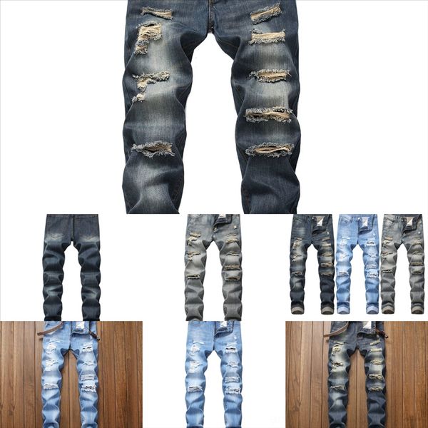 fyjkc high jeans mens for distressed motorcycle biker jeans slim ripped hole stripe famous hole denim quality man pants, Black