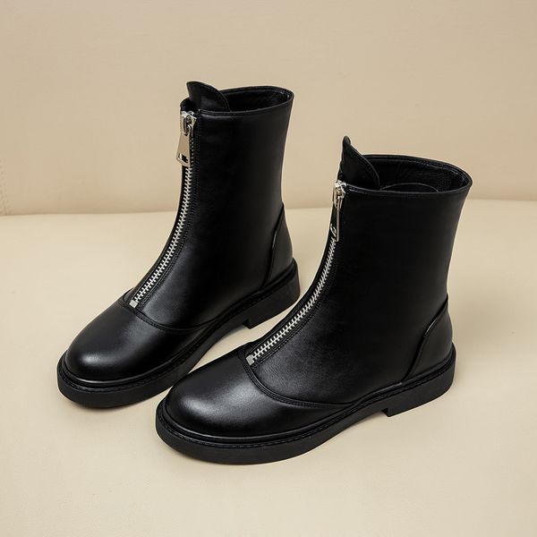 2021 new autumn winter square heel women shoes fashion front zipper ankle round toe pu leather short boots size 34-43 zi30, Black
