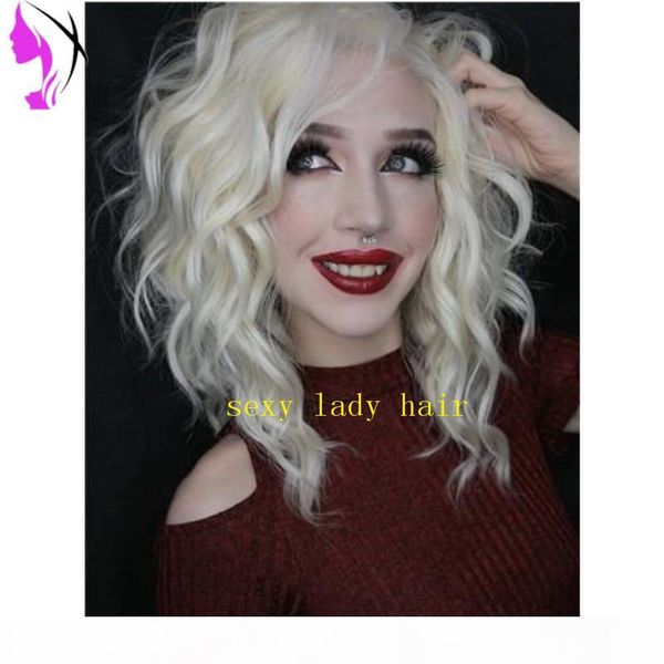 part natural body wave platinum blonde lace front synthetic wig high temperature fiber short bob wig for white women, Black