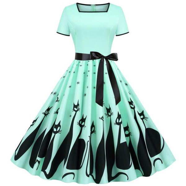 women sweet retro hepburn style cat printed short sleeve round neck high waist with belt big swing princess dress, Black;gray
women sweet retro hepburn style cat printed short sleeve round neck high waist with belt big swing princess dress, Black;gray