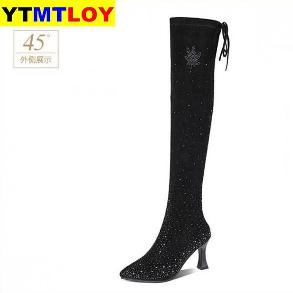 2020 new fashion runway crystal stretch fabric socks boots pointed toe over knee thigh women's boots, Black
2020 new fashion runway crystal stretch fabric socks boots pointed toe over knee thigh women's boots, Black