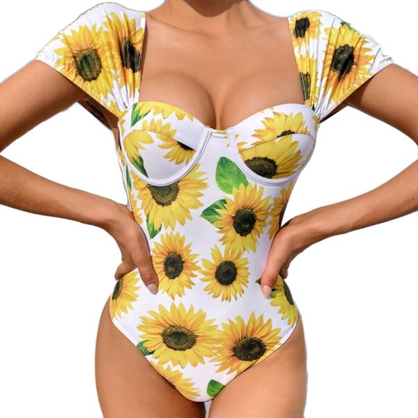 new one piece sunflower printing bikini female swimsuit underwire short sleeve square collar student swimwear, White;black 
new one piece sunflower printing bikini female swimsuit underwire short sleeve square collar student swimwear, White;black