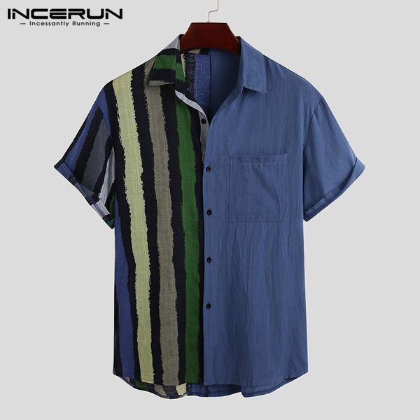 men short sleeve shirt cotton striped patchwork breathable 2020 button hawaiian shirts mens summer lapel casual camisas incerun, White;black
men short sleeve shirt cotton striped patchwork breathable 2020 button hawaiian shirts mens summer lapel casual camisas incerun, White;black