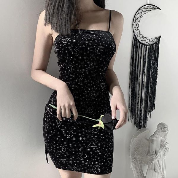 2020 new dark chic starry sky print sling small black dress ins suede high waist split small fragrance dress1, Black;gray 
2020 new dark chic starry sky print sling small black dress ins suede high waist split small fragrance dress1, Black;gray