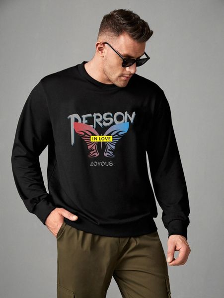 extended sizes men butterfly & letter graphic pullover 25pm#, Black 
extended sizes men butterfly & letter graphic pullover 25pm#, Black