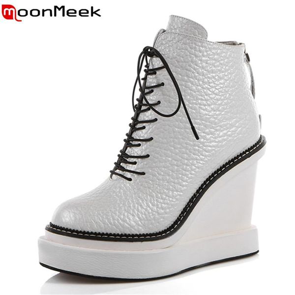 MoonMeek sweet style solid lace up women ankle boots in genuine leather round toe party shoes with wedges high heels, Black
MoonMeek sweet style solid lace up women ankle boots in genuine leather round toe party shoes with wedges high heels, Black