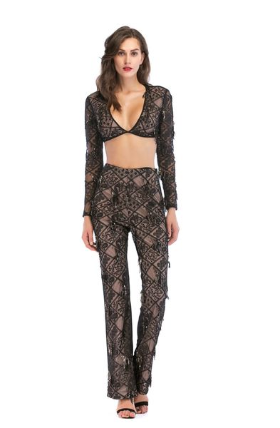 women plaid sequins clothing suit long sleeve v neck crop high waist pants ladies two piece sets, White
women plaid sequins clothing suit long sleeve v neck crop high waist pants ladies two piece sets, White