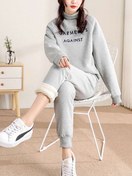 sports casual women's cashmere thickened loose winter high collar sanitary pants two piece suit, Gray
sports casual women's cashmere thickened loose winter high collar sanitary pants two piece suit, Gray