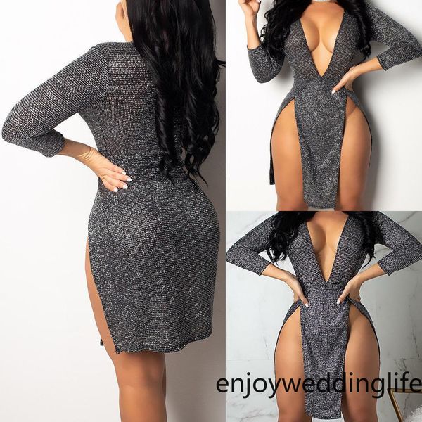 women high side split night clubwear short dress femael long sleeve low cut deep v neck bodycon slim fit party wear dress fy4330, Black;gray
women high side split night clubwear short dress femael long sleeve low cut deep v neck bodycon slim fit party wear dress fy4330, Black;gray