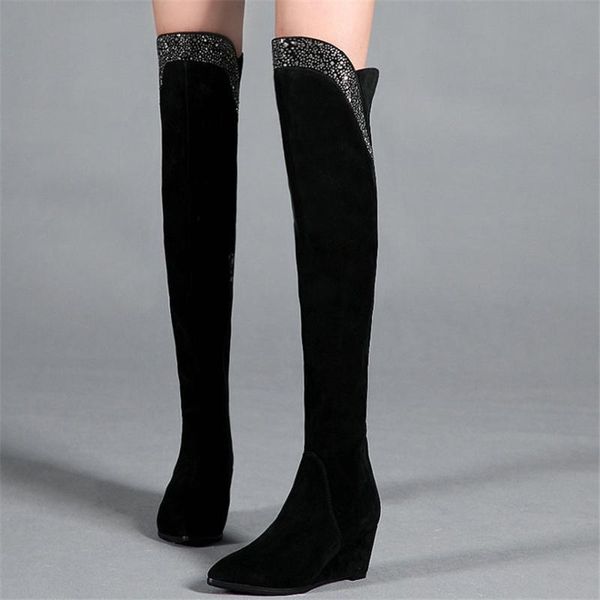 women genuine leather wedges high heel over the knee high motorcycle boots female winter pointed toe rhinestones pumps shoes, Black
women genuine leather wedges high heel over the knee high motorcycle boots female winter pointed toe rhinestones pumps shoes, Black