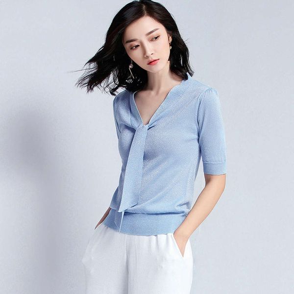 thin short sleeve women's 2020 summer new bow ribbon tencel t-shirt, White;black
thin short sleeve women's 2020 summer new bow ribbon tencel t-shirt, White;black