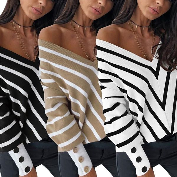 women's sweaters women off shoulder sweater autumn spring winter v neck long sleeve striped loose knitted pullover office knitwear, White;black
women's sweaters women off shoulder sweater autumn spring winter v neck long sleeve striped loose knitted pullover office knitwear, White;black
