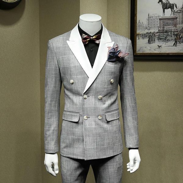 england style white and black plaid business gentleman blazer suit vintage double breasted wedding dress smart casual 3pcs sets1, White;black 
england style white and black plaid business gentleman blazer suit vintage double breasted wedding dress smart casual 3pcs sets1, White;black